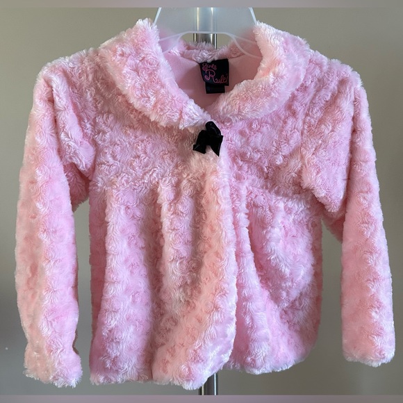 Girls Rule Pink Fluffy Soft Faux Fur Furry Button Jacket Black Bow Size 6X - Picture 6 of 16